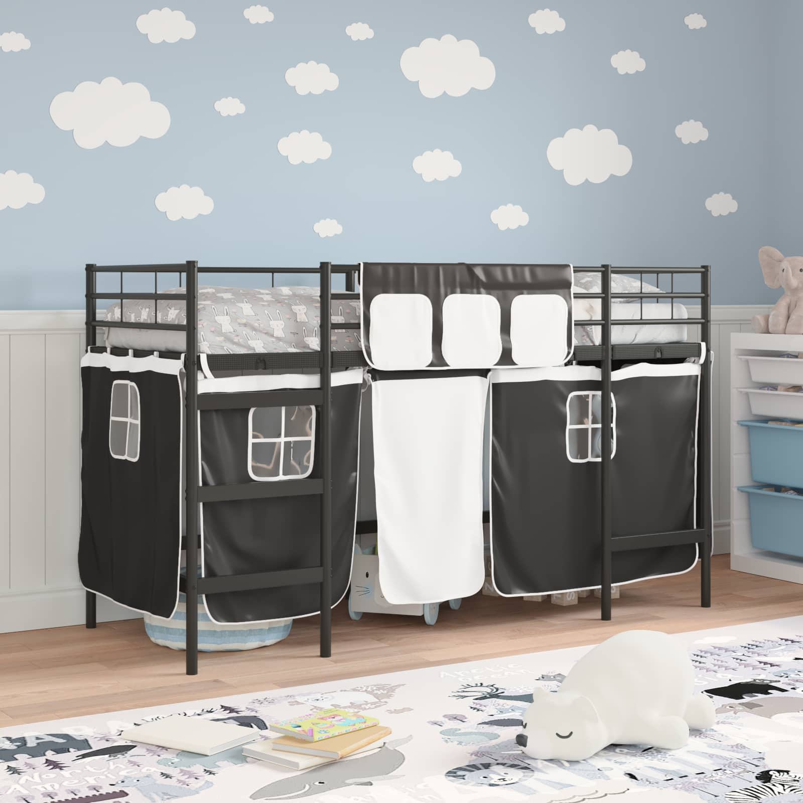 Loftbedframe voor Kinderen met Gordijnen Zwart 75 x 190 cm is nu te koop bij PeponiXL, paradijselijk wonen!