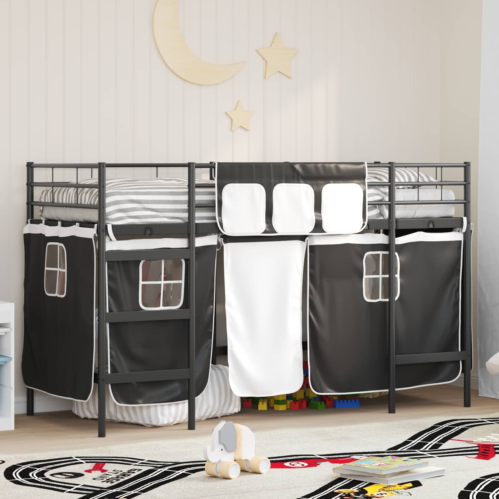 Loftbedframe voor Kinderen met Gordijnen Zwart 90 x 190 cm is nu te koop bij PeponiXL, paradijselijk wonen!