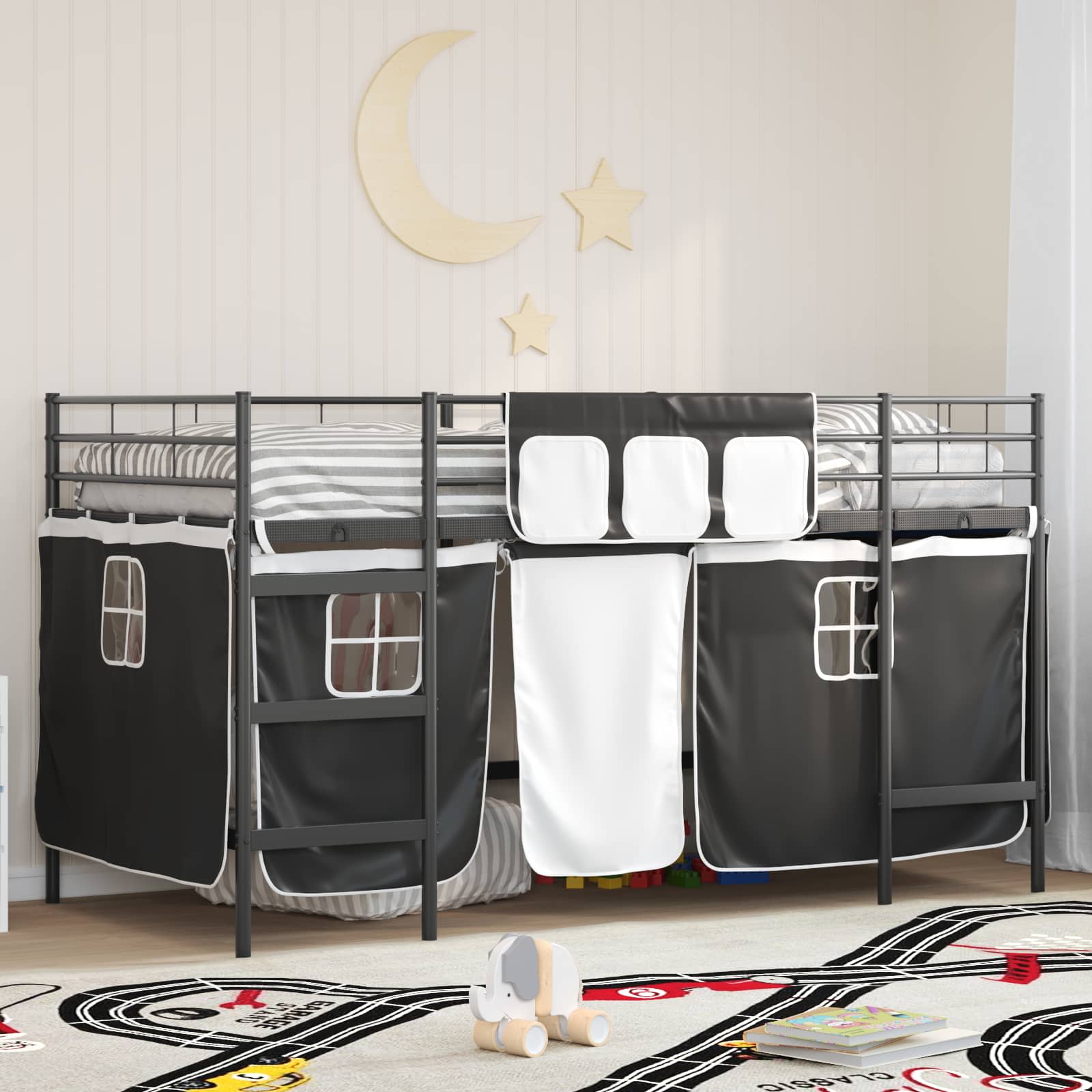 Loftbedframe voor Kinderen met Gordijnen Zwart 90 x 200 cm is nu te koop bij PeponiXL, paradijselijk wonen!