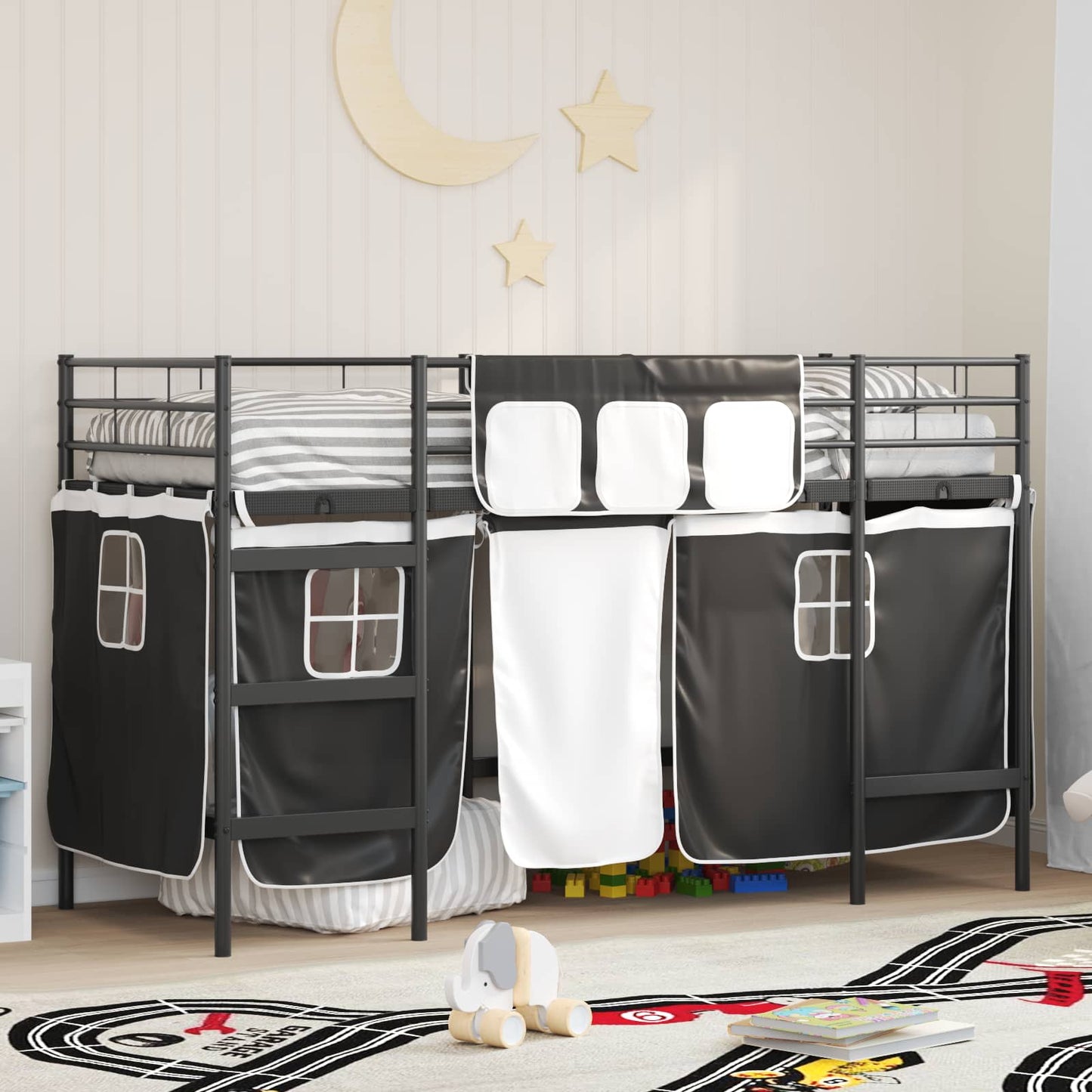 Loftbedframe voor Kinderen met Gordijnen Zwart 100 x 190 cm is nu te koop bij PeponiXL, paradijselijk wonen!