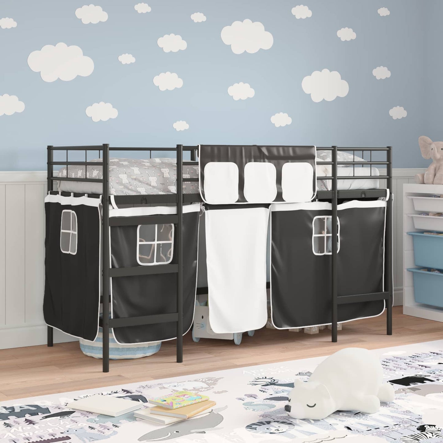 Loftbedframe voor Kinderen met Gordijnen Zwart 100 x 190 cm is nu te koop bij PeponiXL, paradijselijk wonen!