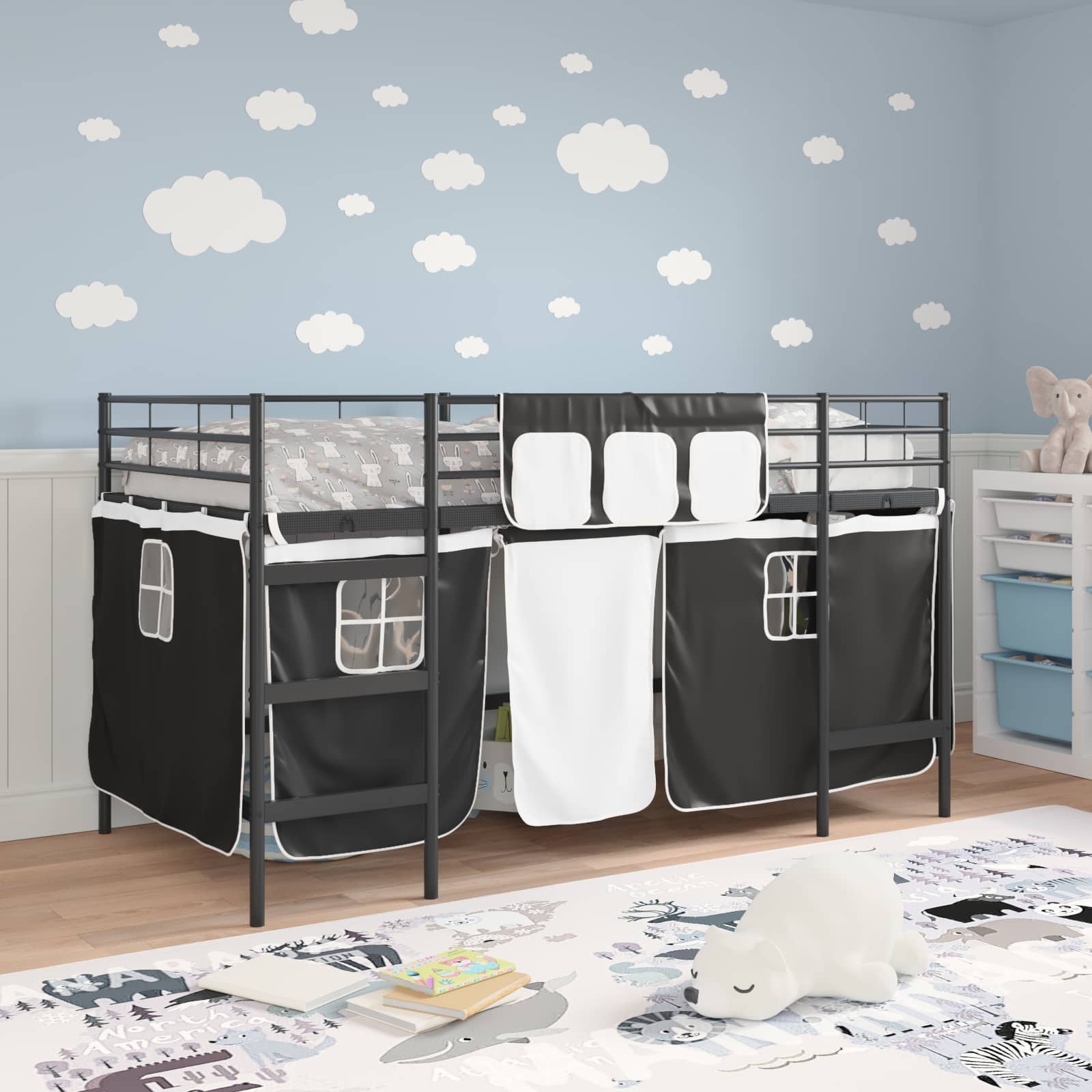 Loftbedframe voor Kinderen met Gordijnen Zwart 107 x 200 cm is nu te koop bij PeponiXL, paradijselijk wonen!