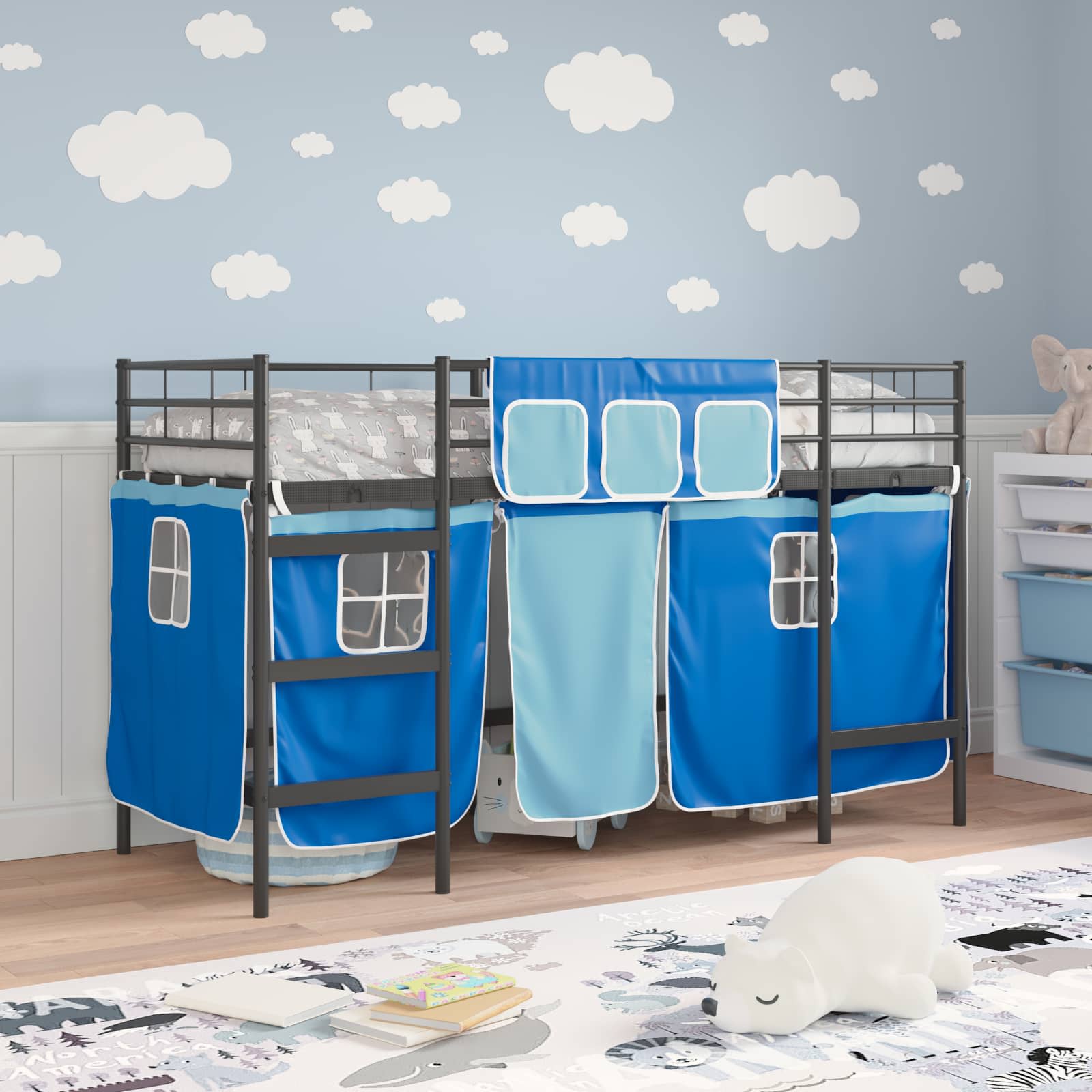 Loftbedframe voor Kinderen met Gordijnen Zwart en Blauw is nu te koop bij PeponiXL, paradijselijk wonen!