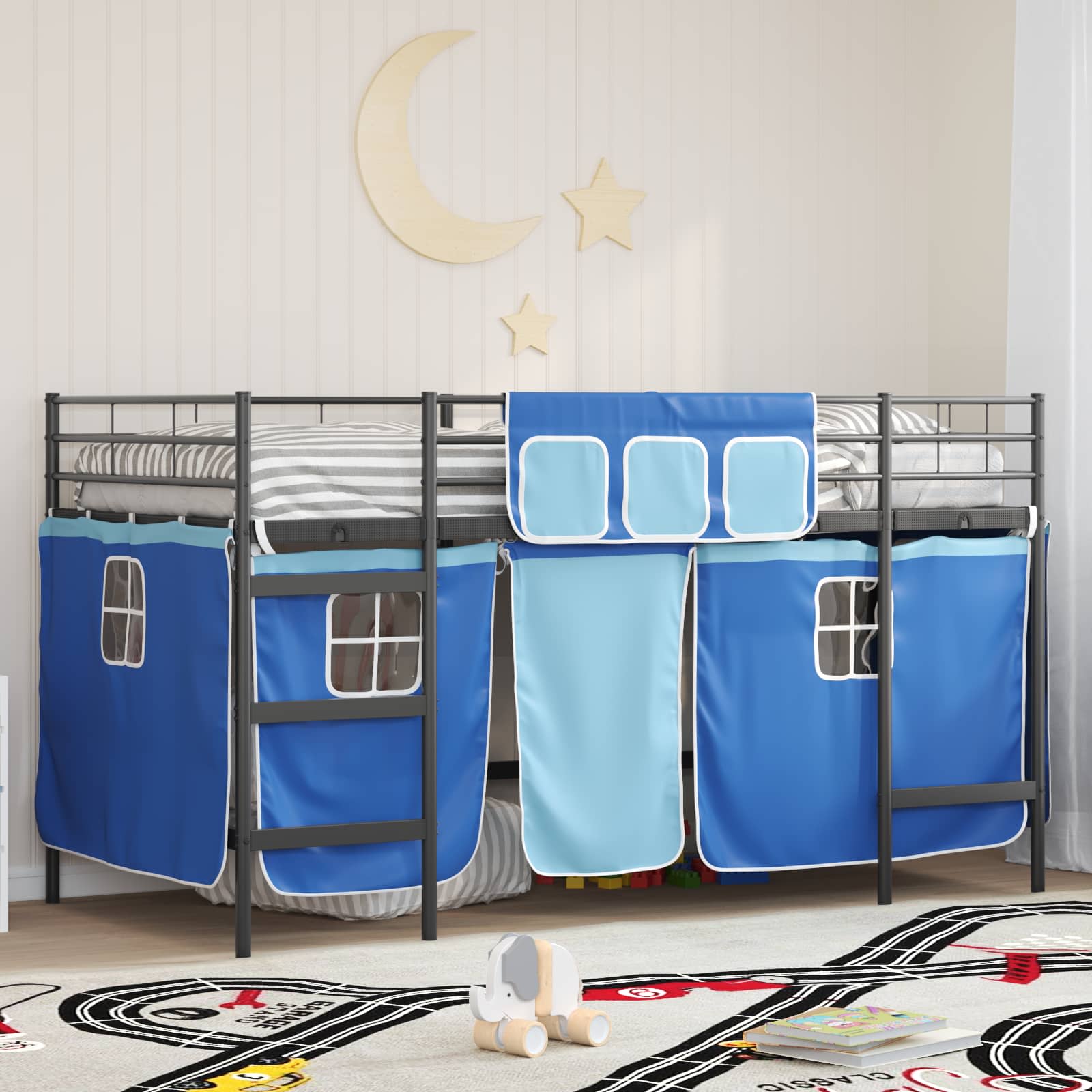 Loftbedframe voor Kinderen met Gordijnen Zwart en Blauw is nu te koop bij PeponiXL, paradijselijk wonen!