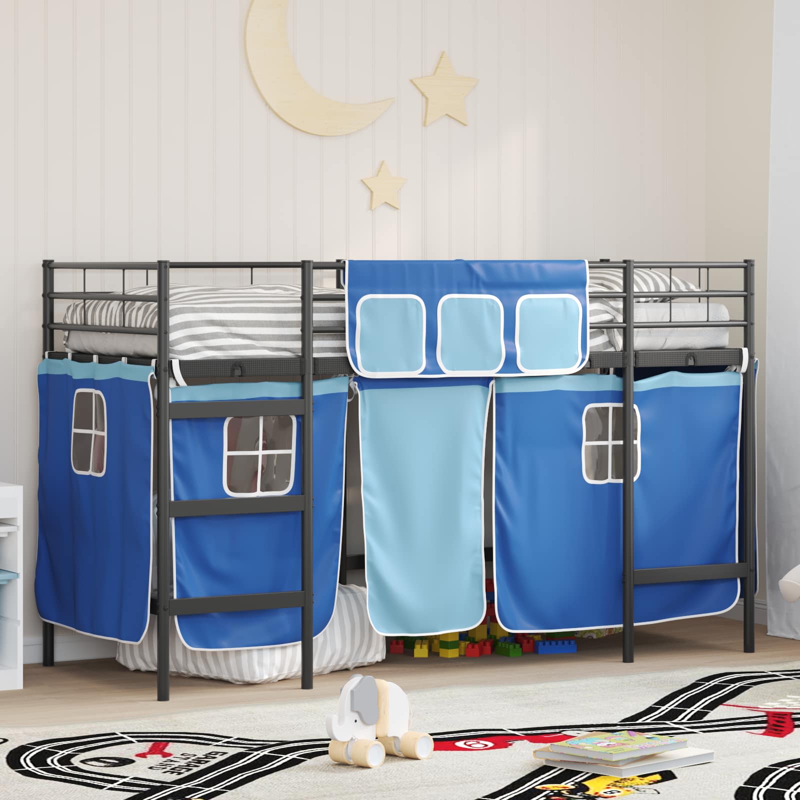 Loftbedframe voor Kinderen met Gordijnen Zwart en Blauw is nu te koop bij PeponiXL, paradijselijk wonen!