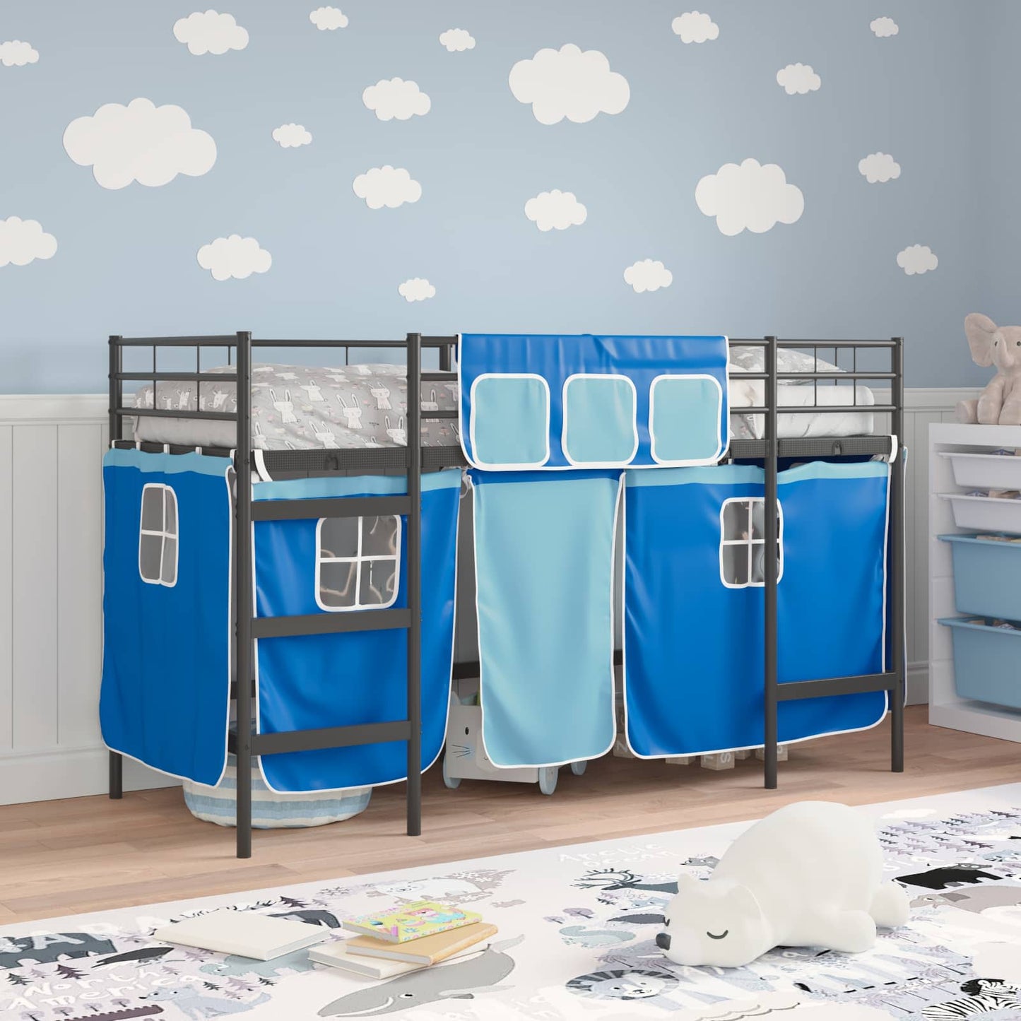 Loftbedframe voor Kinderen met Gordijnen Zwart en Blauw is nu te koop bij PeponiXL, paradijselijk wonen!