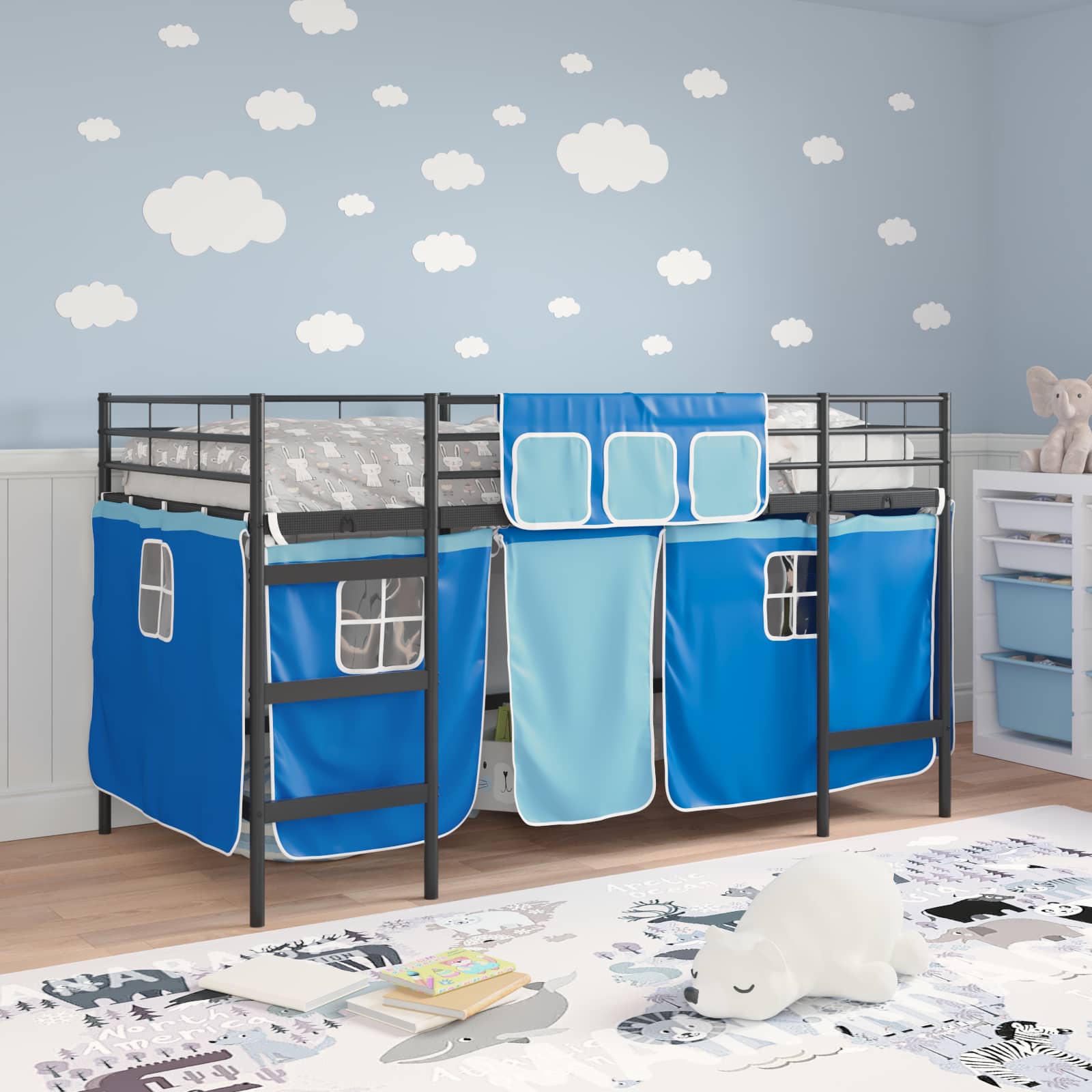 Loftbedframe voor Kinderen met Gordijnen Zwart en Blauw is nu te koop bij PeponiXL, paradijselijk wonen!