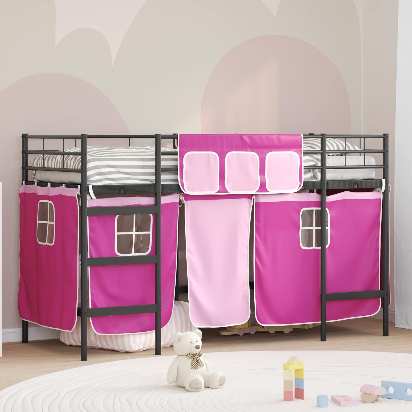 Loftbedframe voor Kinderen met Gordijnen Zwart en Roze is nu te koop bij PeponiXL, paradijselijk wonen!