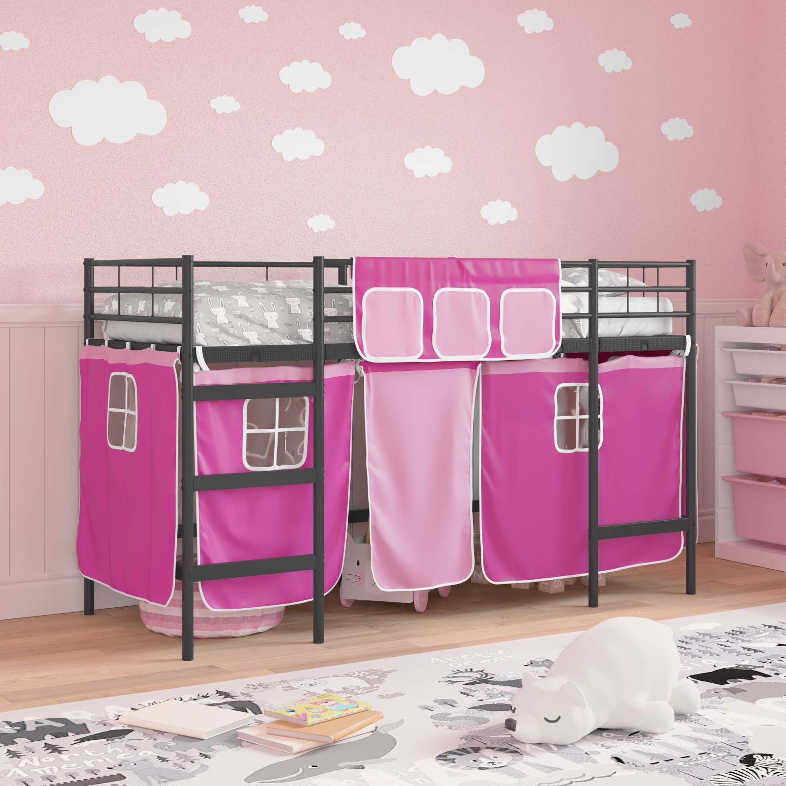 Loftbedframe voor Kinderen met Gordijnen Zwart en Roze is nu te koop bij PeponiXL, paradijselijk wonen!