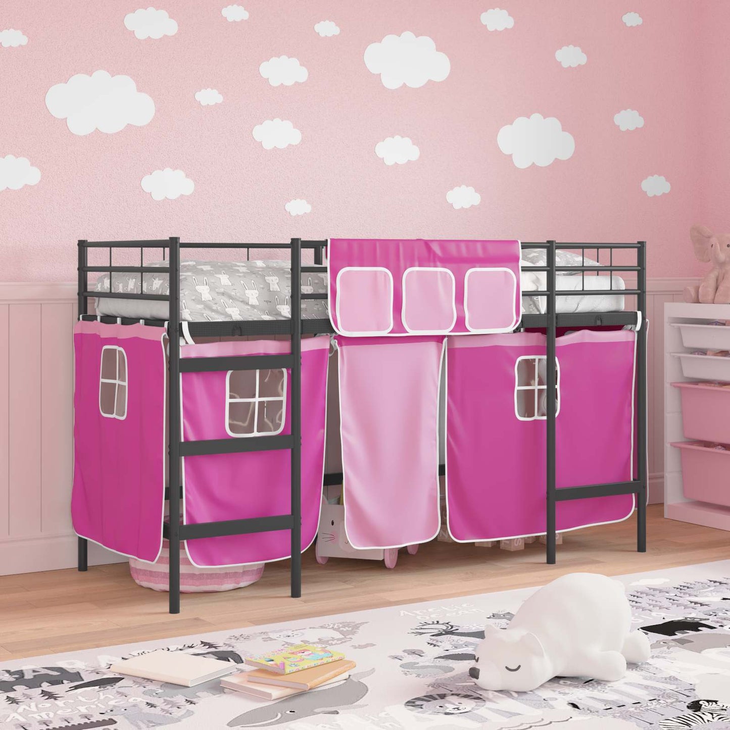 Loftbedframe voor Kinderen met Gordijnen Zwart en Roze is nu te koop bij PeponiXL, paradijselijk wonen!