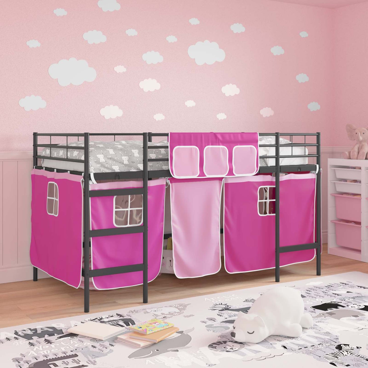 Loftbedframe voor Kinderen met Gordijnen Zwart en Roze is nu te koop bij PeponiXL, paradijselijk wonen!