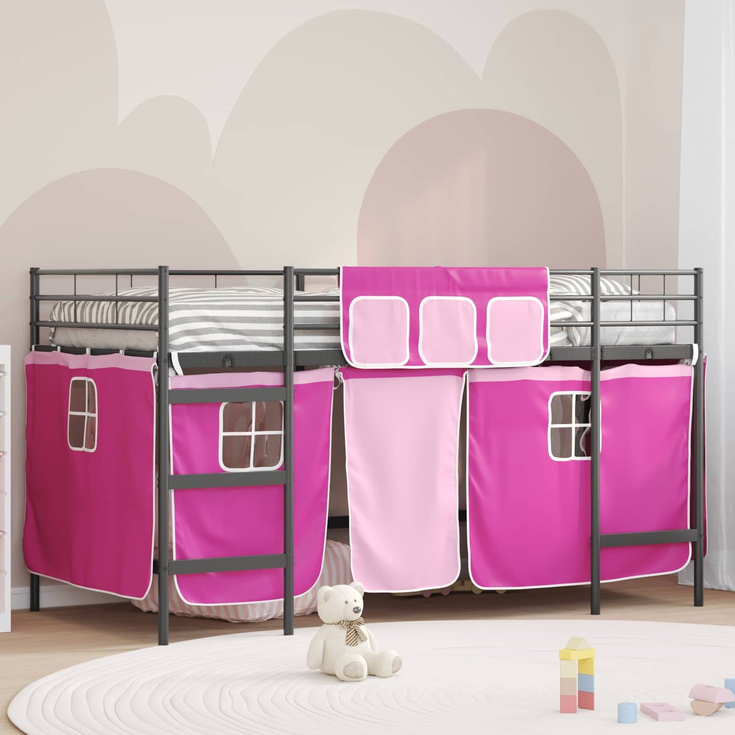Loftbedframe voor Kinderen met Gordijnen Zwart en Roze is nu te koop bij PeponiXL, paradijselijk wonen!