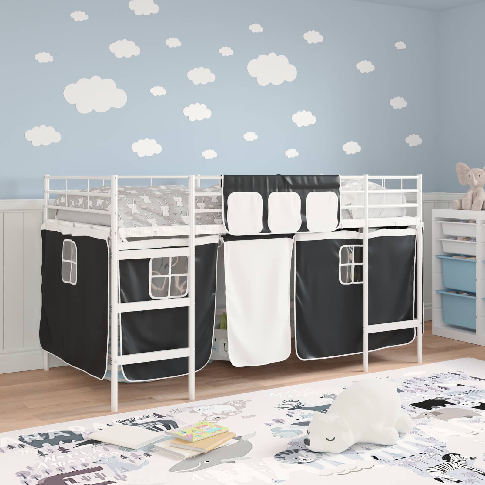 Loftbedframe voor Kinderen met Gordijnen Wit en zwart is nu te koop bij PeponiXL, paradijselijk wonen!