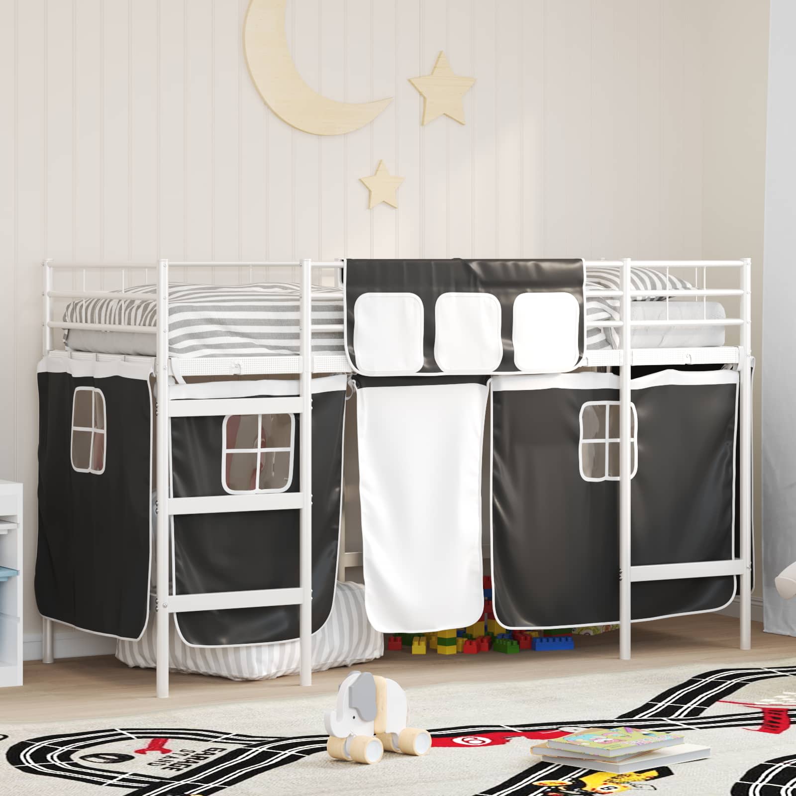 Loftbedframe voor Kinderen met Gordijnen Wit en zwart is nu te koop bij PeponiXL, paradijselijk wonen!
