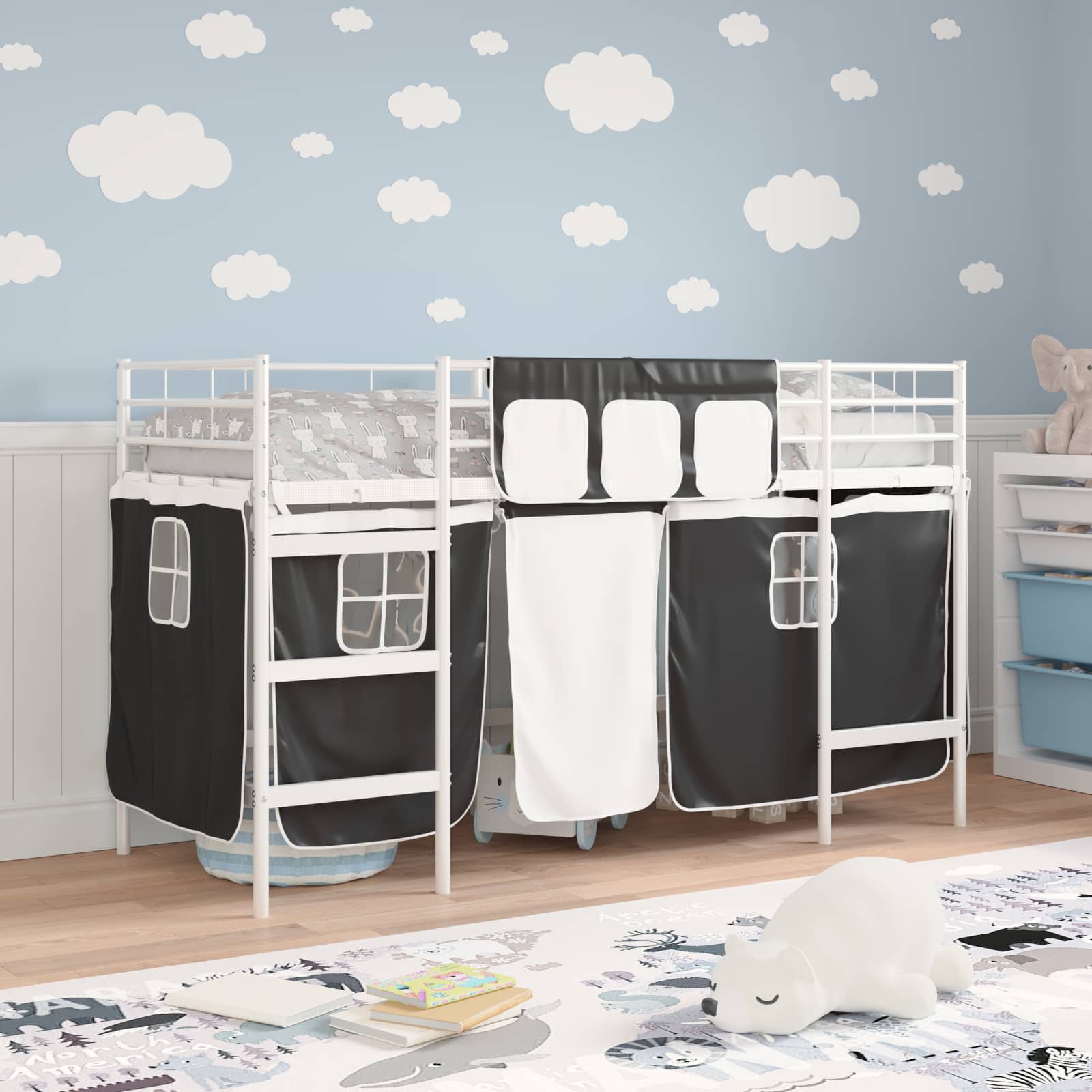 Loftbedframe voor Kinderen met Gordijnen Wit en zwart is nu te koop bij PeponiXL, paradijselijk wonen!