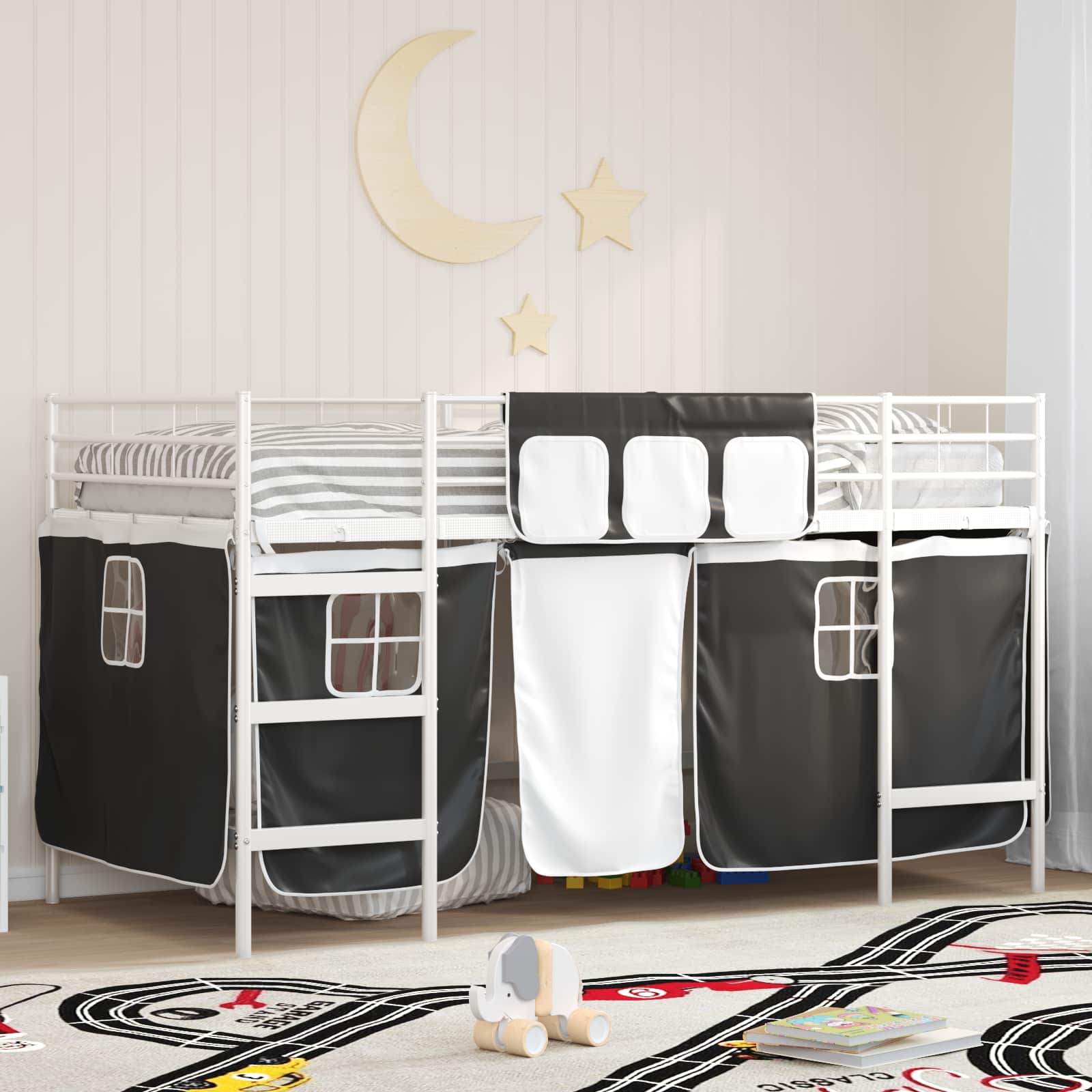 Loftbedframe voor Kinderen met Gordijnen Wit en zwart is nu te koop bij PeponiXL, paradijselijk wonen!