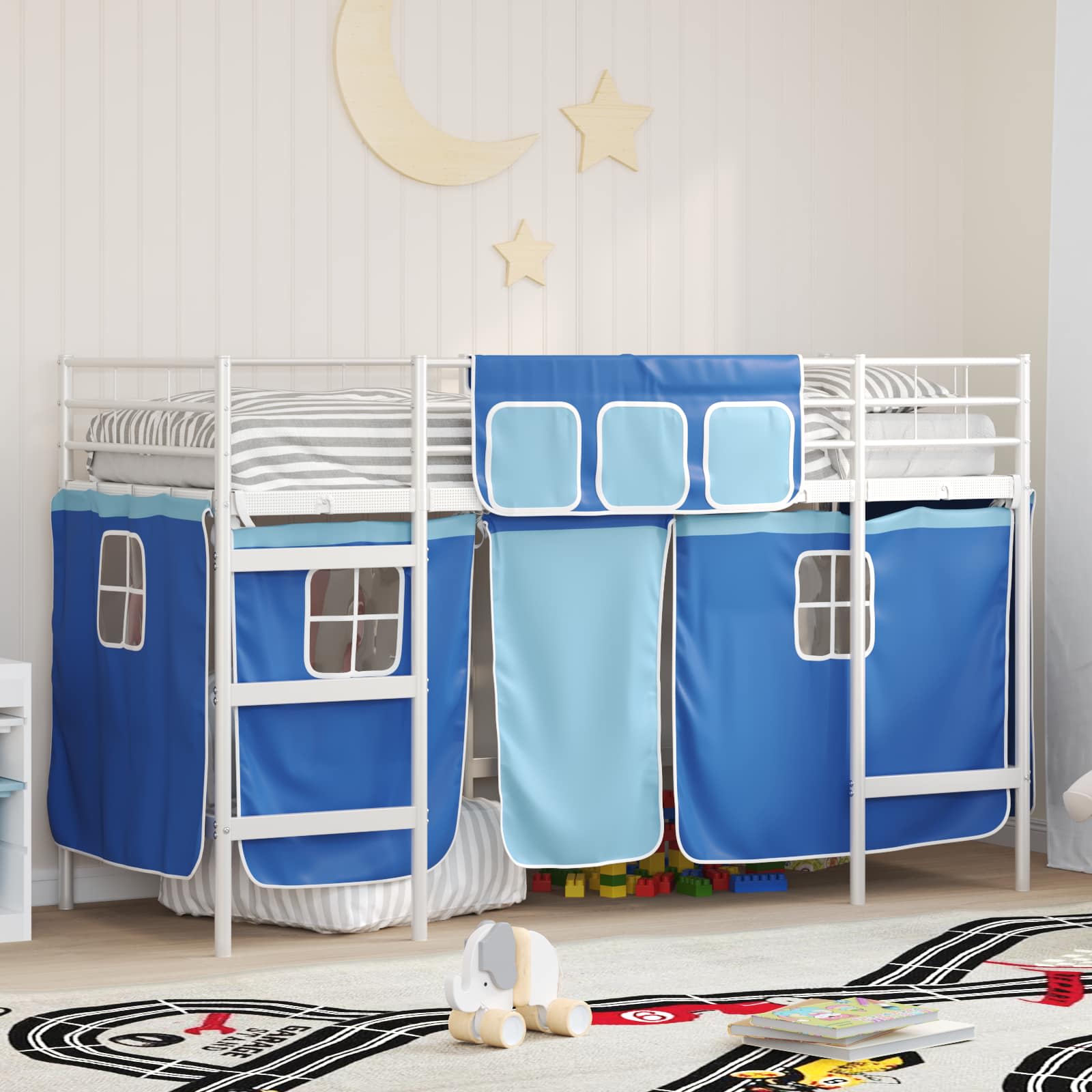 Loftbedframe voor Kinderen met Gordijnen Wit en Blauw is nu te koop bij PeponiXL, paradijselijk wonen!