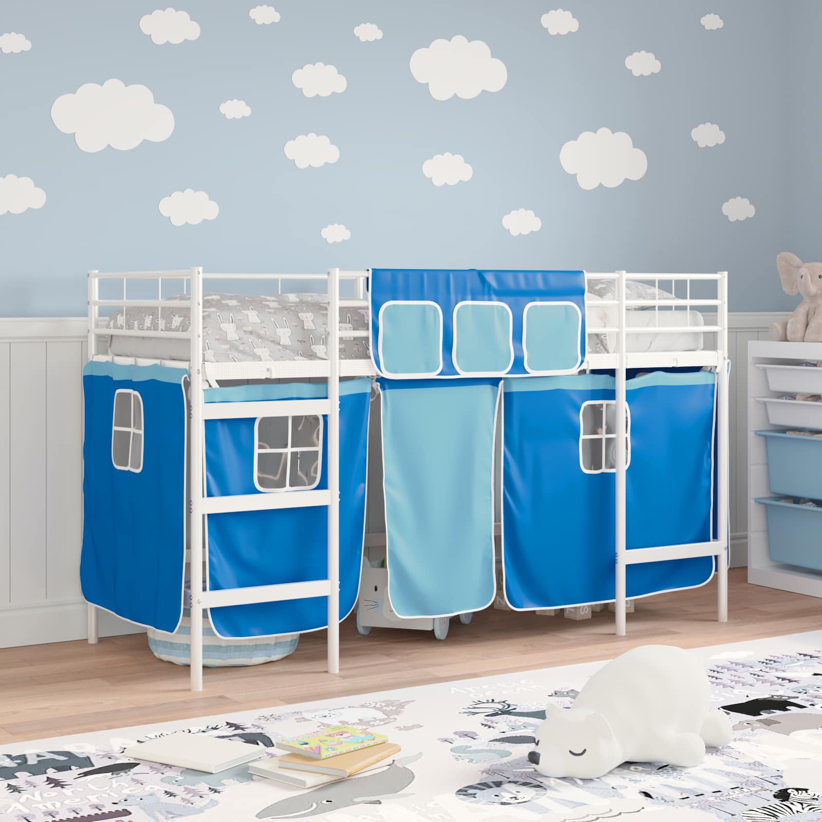 Loftbedframe voor Kinderen met Gordijnen Wit en Blauw is nu te koop bij PeponiXL, paradijselijk wonen!