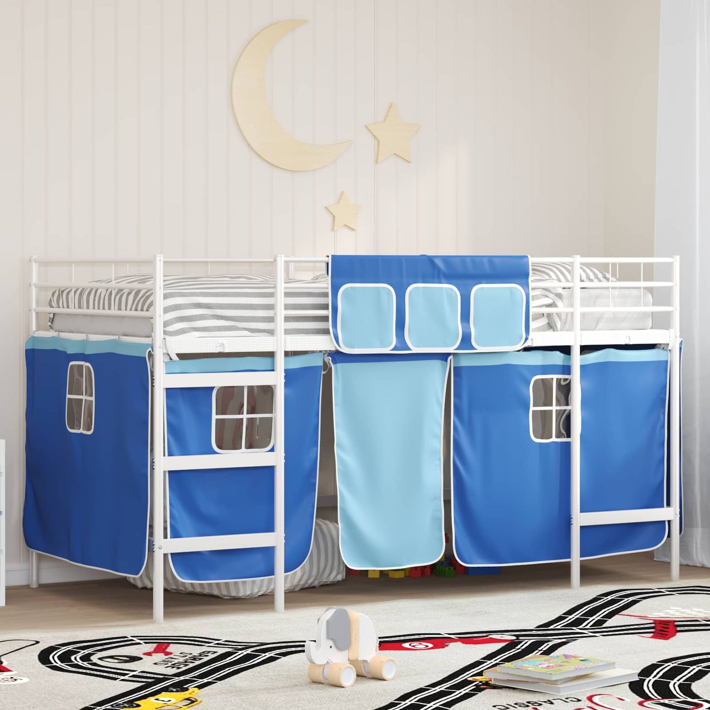 Loftbedframe voor Kinderen met Gordijnen Wit en Blauw is nu te koop bij PeponiXL, paradijselijk wonen!