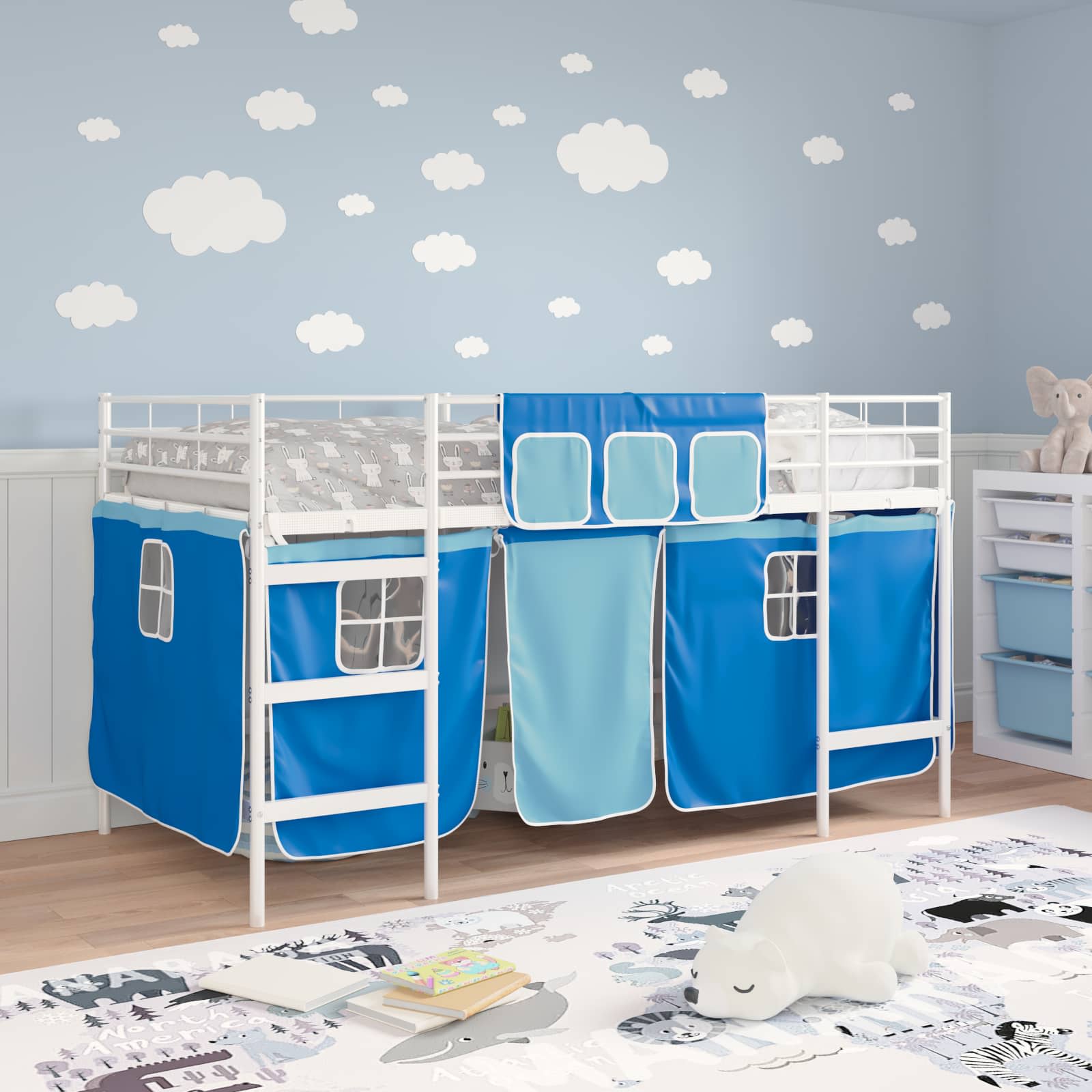 Loftbedframe voor Kinderen met Gordijnen Wit en Blauw is nu te koop bij PeponiXL, paradijselijk wonen!