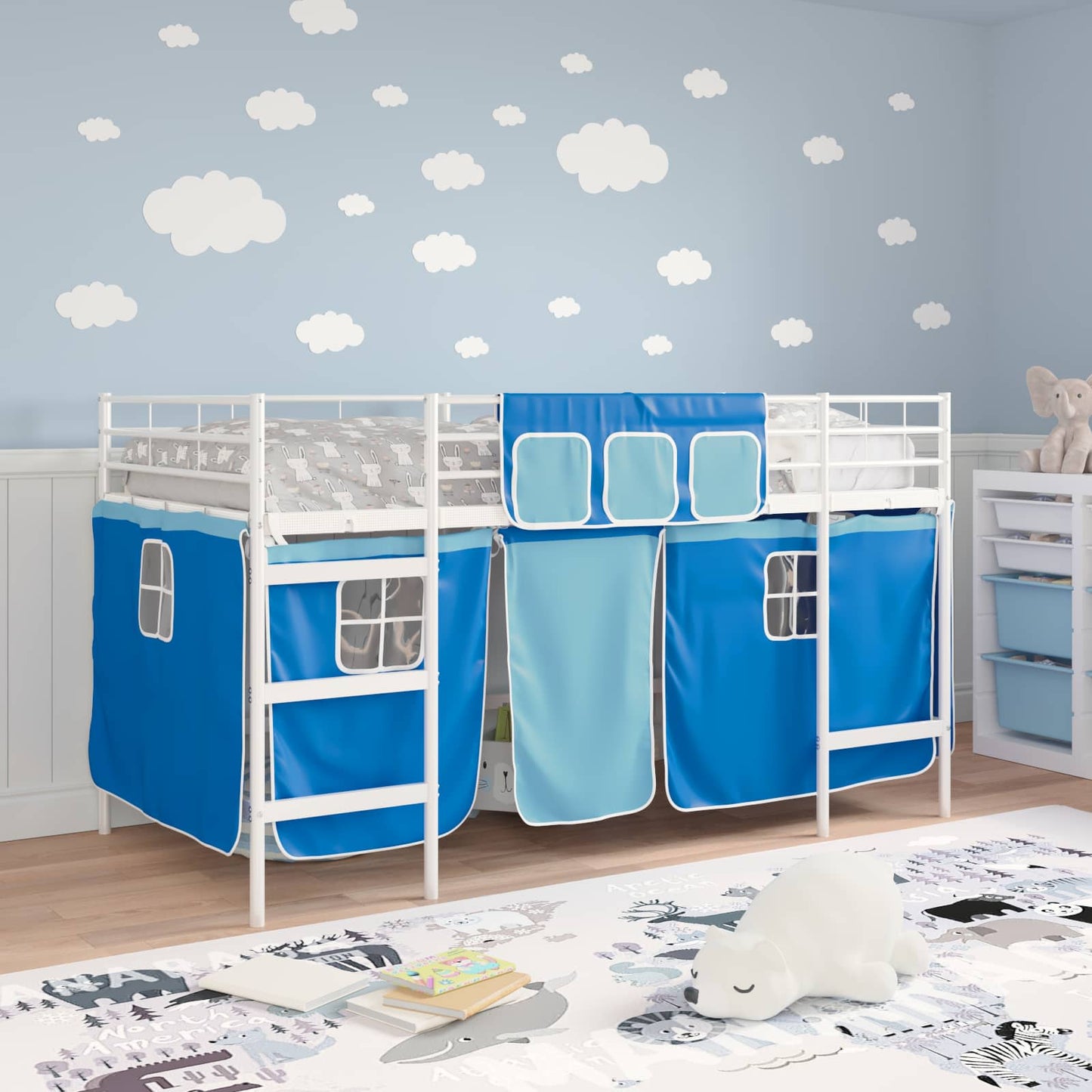 Loftbedframe voor Kinderen met Gordijnen Wit en Blauw is nu te koop bij PeponiXL, paradijselijk wonen!
