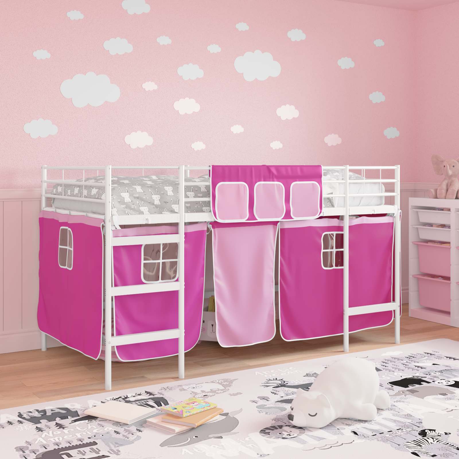 Loftbedframe voor Kinderen met Gordijnen Wit en Roze is nu te koop bij PeponiXL, paradijselijk wonen!
