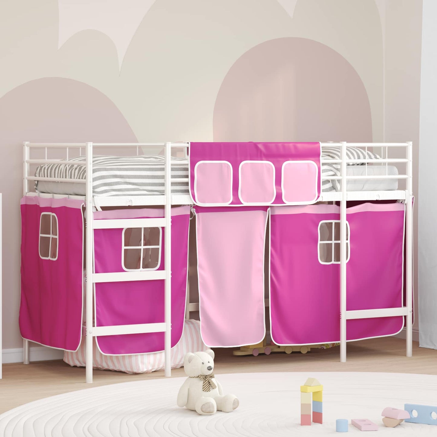 Loftbedframe voor Kinderen met Gordijnen Wit en Roze is nu te koop bij PeponiXL, paradijselijk wonen!