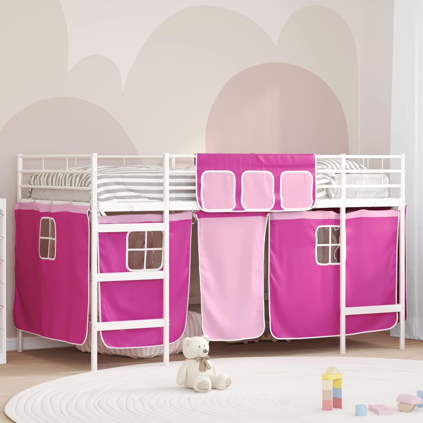 Loftbedframe voor Kinderen met Gordijnen Wit en Roze is nu te koop bij PeponiXL, paradijselijk wonen!