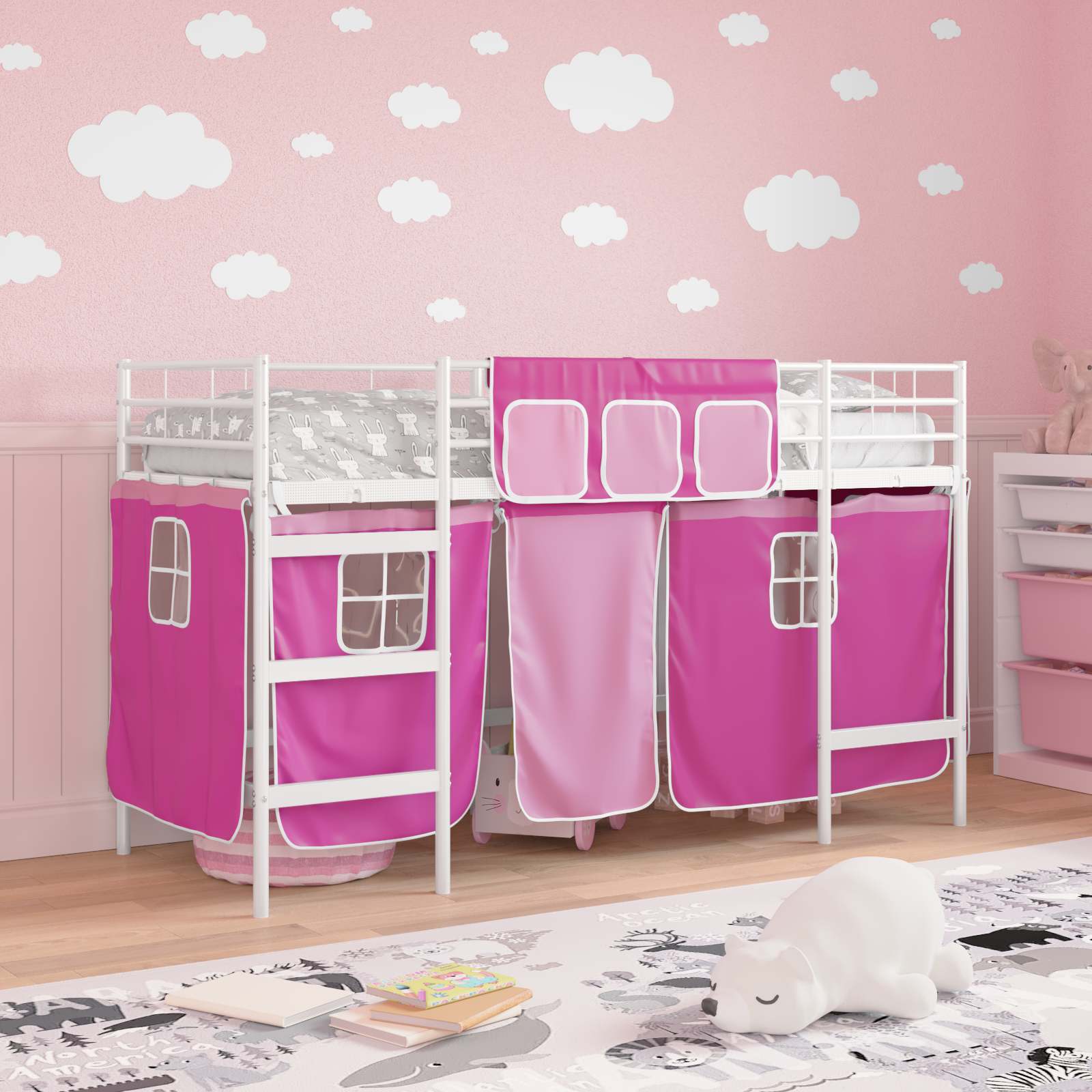 Loftbedframe voor Kinderen met Gordijnen Wit en Roze is nu te koop bij PeponiXL, paradijselijk wonen!