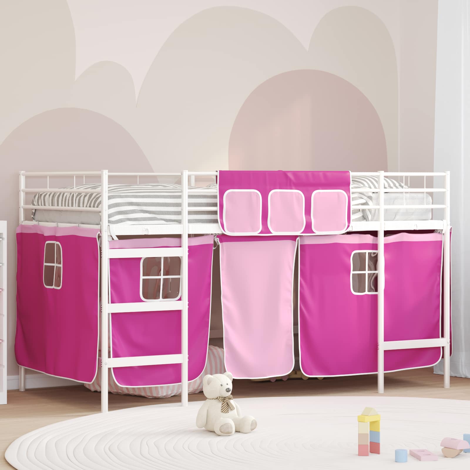 Loftbedframe voor Kinderen met Gordijnen Wit en Roze is nu te koop bij PeponiXL, paradijselijk wonen!