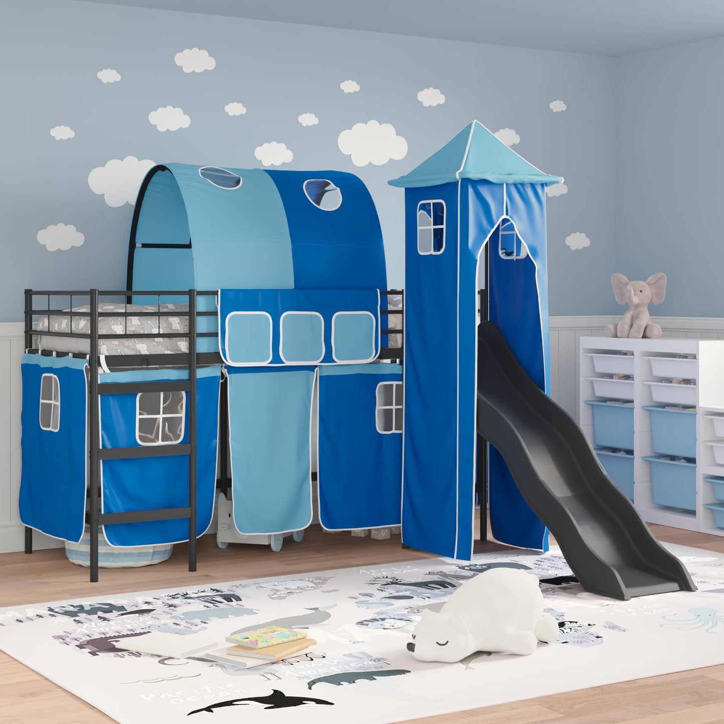 Loftbed voor Kids Zwart en Blauw 75 x 190 cm Metaal is nu te koop bij PeponiXL, paradijselijk wonen!