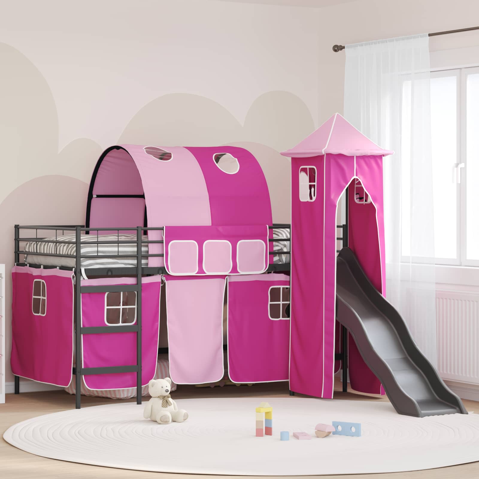 Loftbed voor Kids Zwart en Roze 79,5 x 200 cm Metaal is nu te koop bij PeponiXL, paradijselijk wonen!