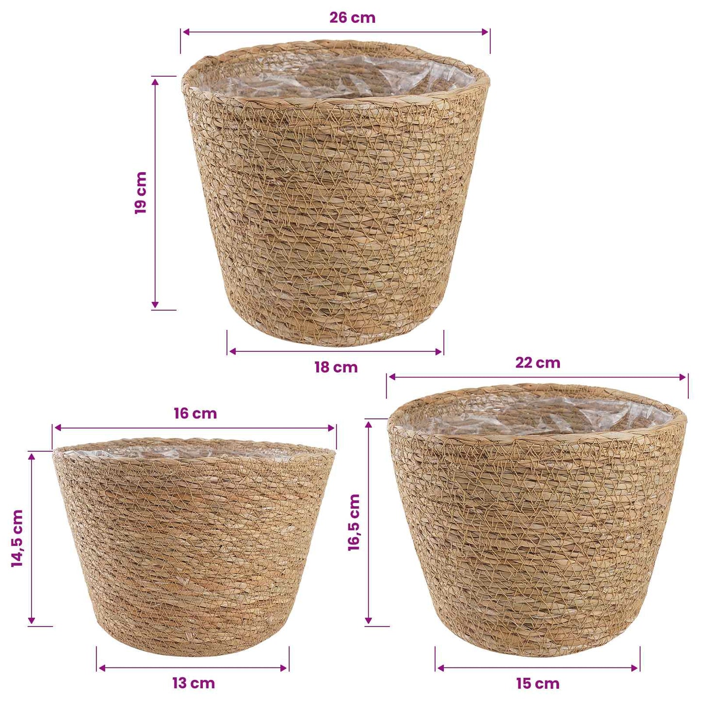 Zeegras Plantenmanden 3 pcs Naturel Ø26 x 19 cm 100% Zeegras is nu te koop bij PeponiXL, paradijselijk wonen!