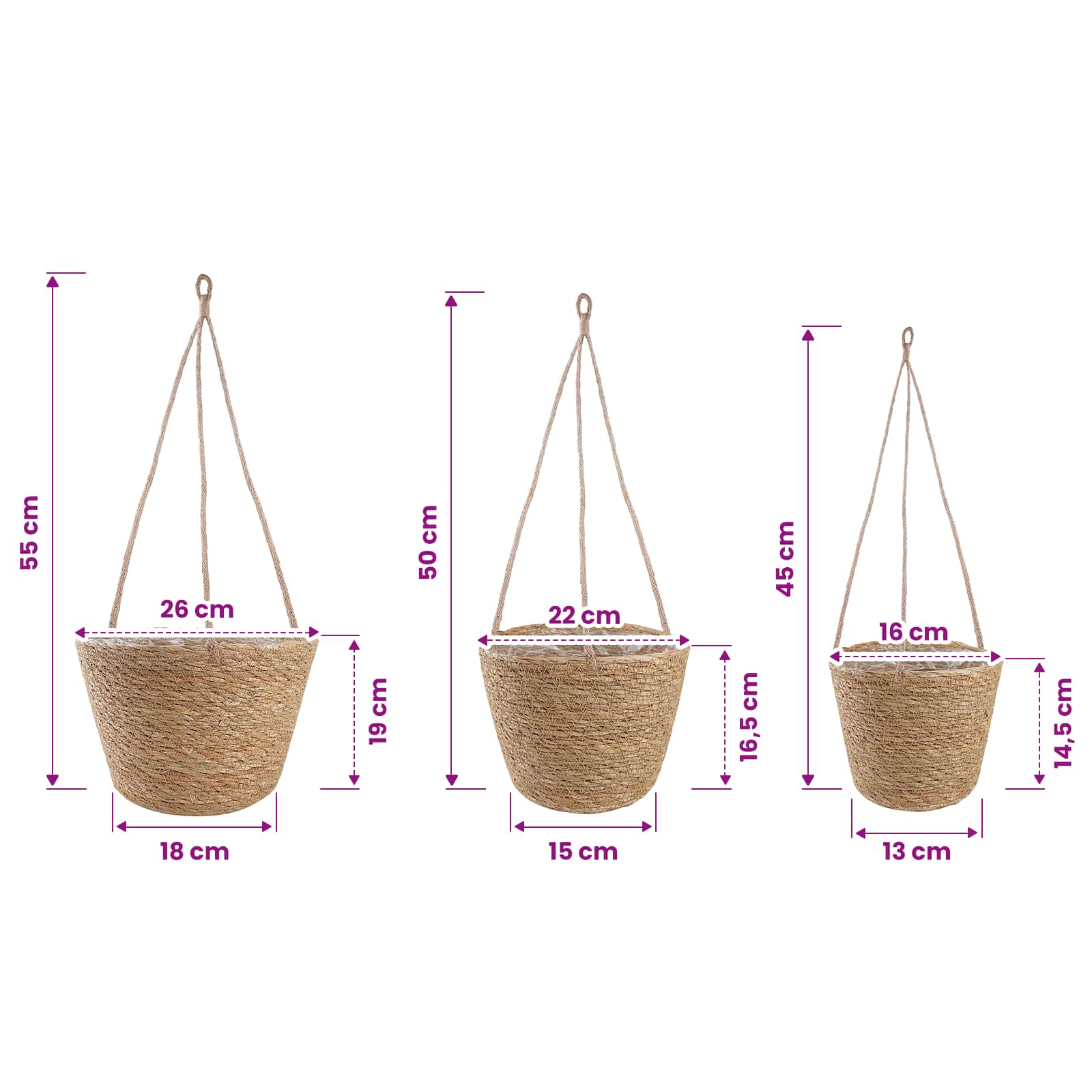 Zeegras Plantenmanden 3 pcs Naturel Ø26 x 19 cm 100% Zeegras is nu te koop bij PeponiXL, paradijselijk wonen!
