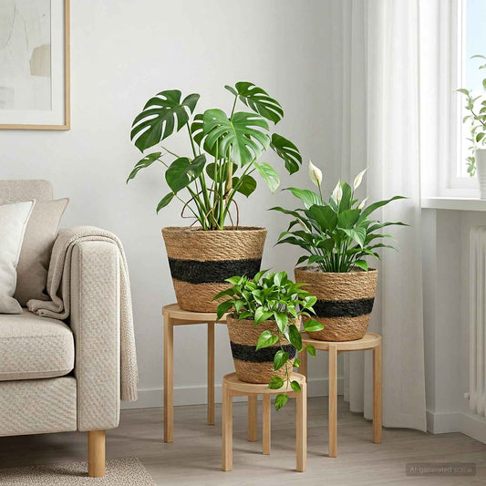 Zeegras Plantenmanden 3 pcs Naturel en Zwart Ø26 x 19 cm is nu te koop bij PeponiXL, paradijselijk wonen!