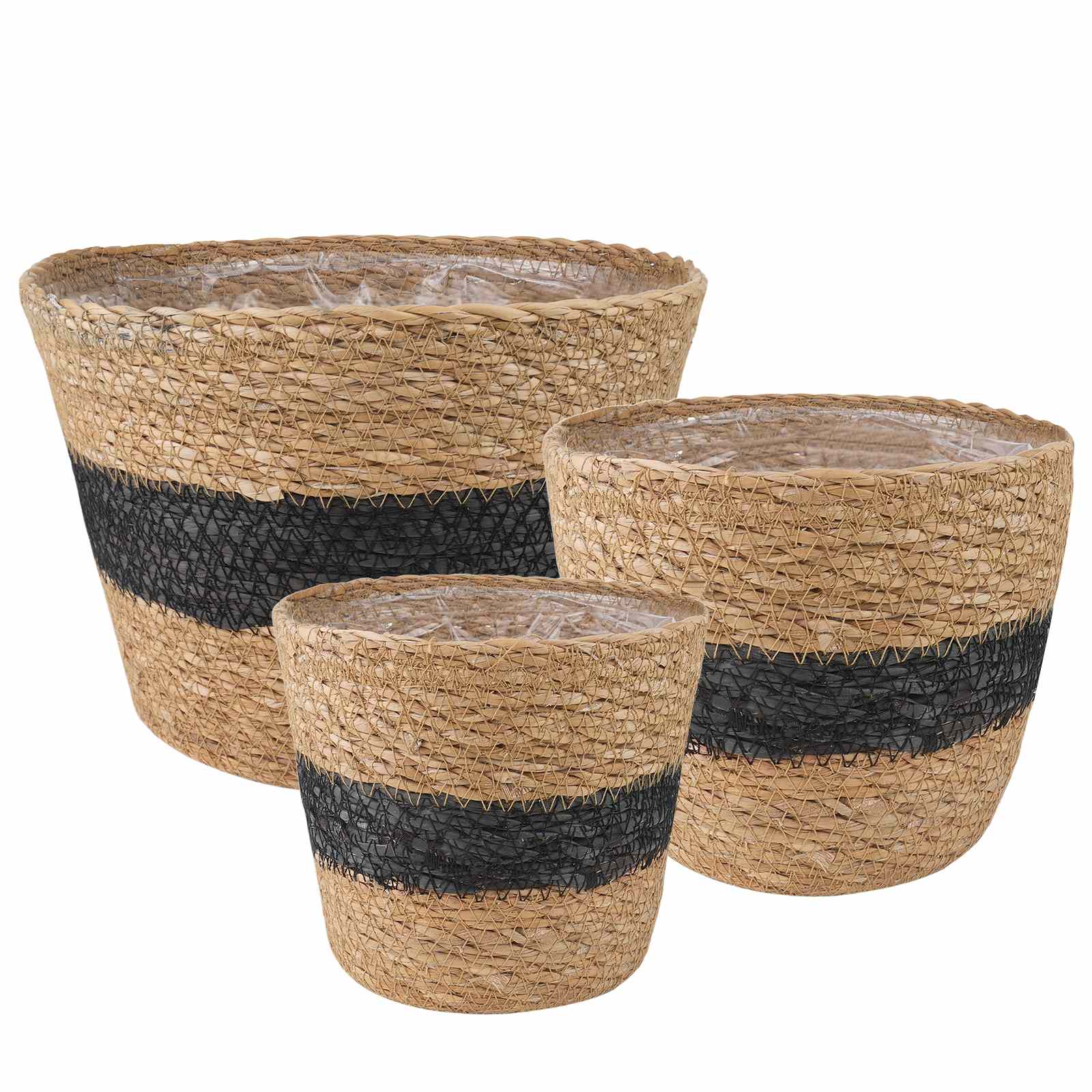 Zeegras Plantenmanden 3 pcs Naturel en Zwart Ø26 x 19 cm is nu te koop bij PeponiXL, paradijselijk wonen!
