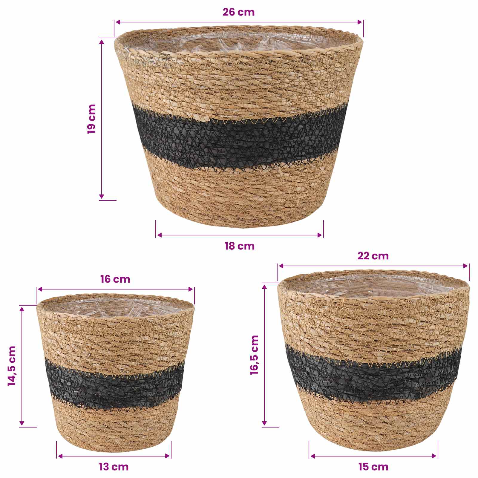 Zeegras Plantenmanden 3 pcs Naturel en Zwart Ø26 x 19 cm is nu te koop bij PeponiXL, paradijselijk wonen!