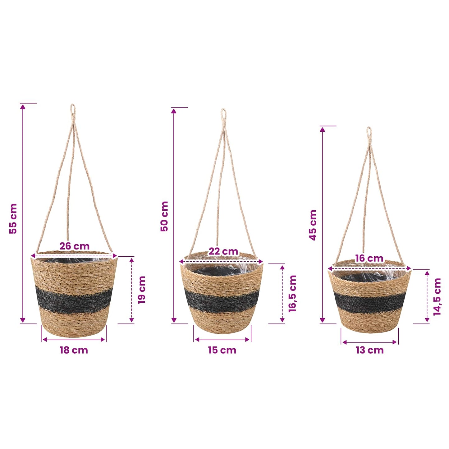 Zeegras Plantenmanden 3 pcs Naturel en Zwart Ø26 x 19 cm is nu te koop bij PeponiXL, paradijselijk wonen!