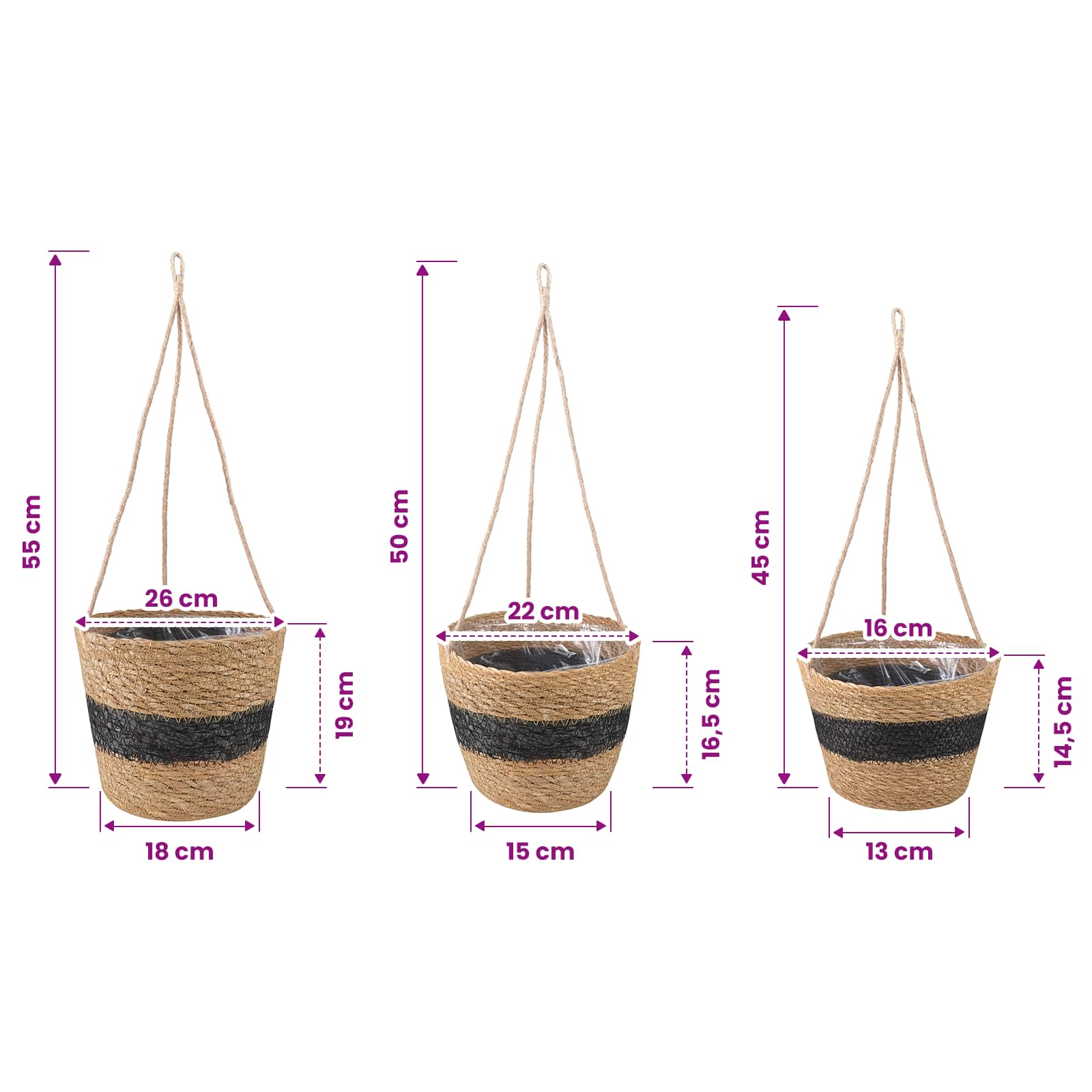 Zeegras Plantenmanden 3 pcs Naturel en Zwart Ø26 x 19 cm is nu te koop bij PeponiXL, paradijselijk wonen!