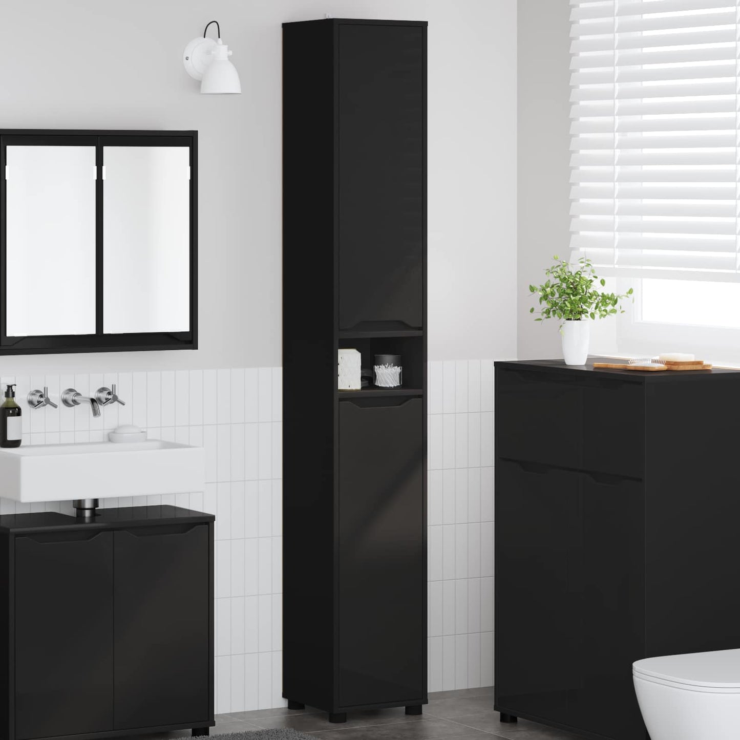 Badkamer Kast met plank Zwart 30,5 x 30 x 195 cm Bewerkt hout is nu te koop bij PeponiXL, paradijselijk wonen!