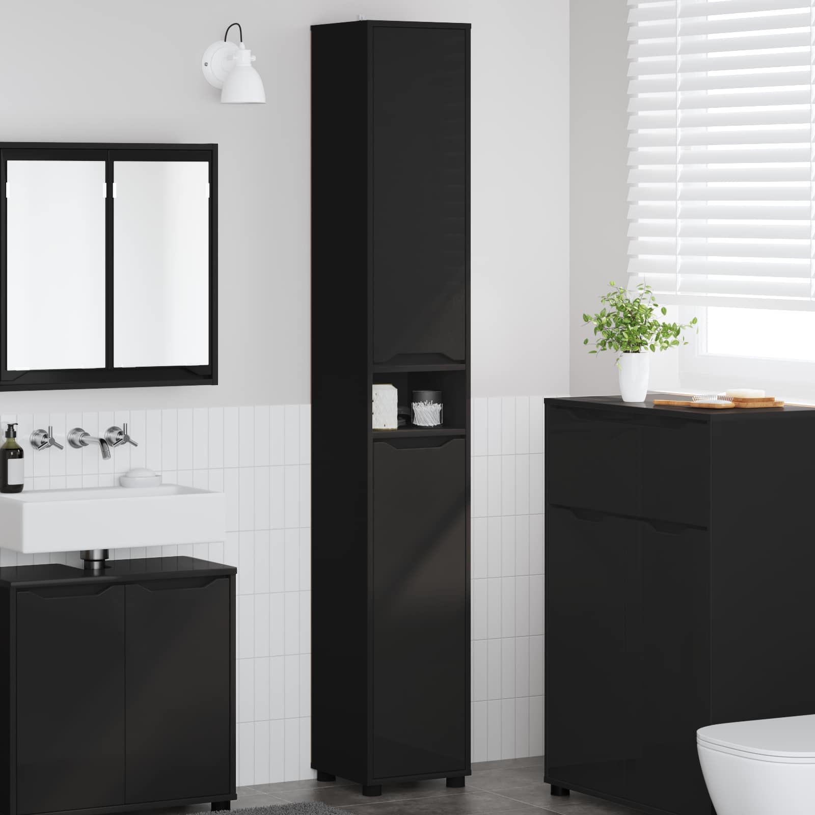 Badkamer Kast met plank Zwart 30,5 x 30 x 195 cm Bewerkt hout is nu te koop bij PeponiXL, paradijselijk wonen!