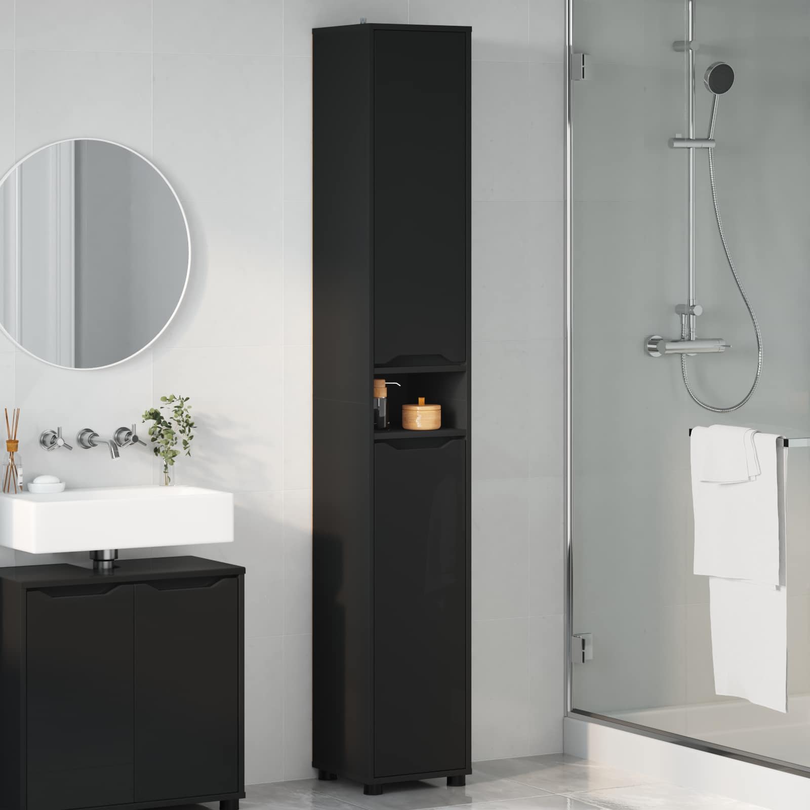 Badkamer Kast met plank Zwart 30,5 x 30 x 195 cm Bewerkt hout is nu te koop bij PeponiXL, paradijselijk wonen!