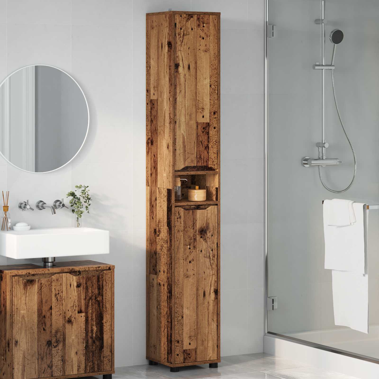Badkamer Kast Oud Hout 30,5 x 30 x 195 cm Bewerkt hout is nu te koop bij PeponiXL, paradijselijk wonen!