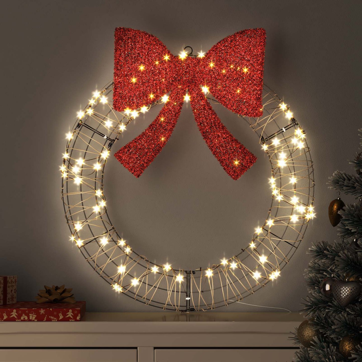 Krans met 60 LED Warmwit 75 x 75 x 8 cm Rattan is nu te koop bij PeponiXL, paradijselijk wonen!