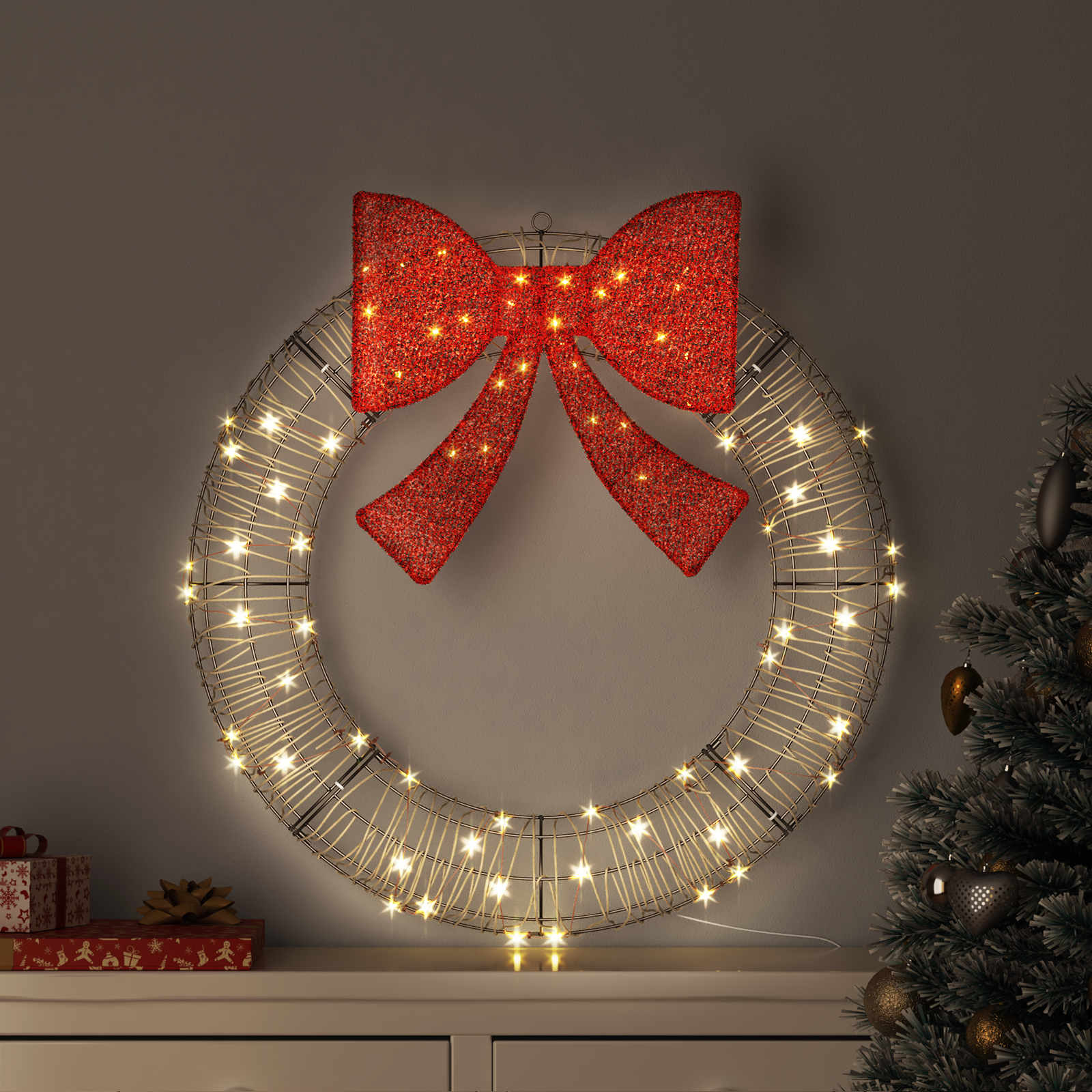 Krans met 80 LED Warmwit 90 x 90 x 9 cm Rattan is nu te koop bij PeponiXL, paradijselijk wonen!