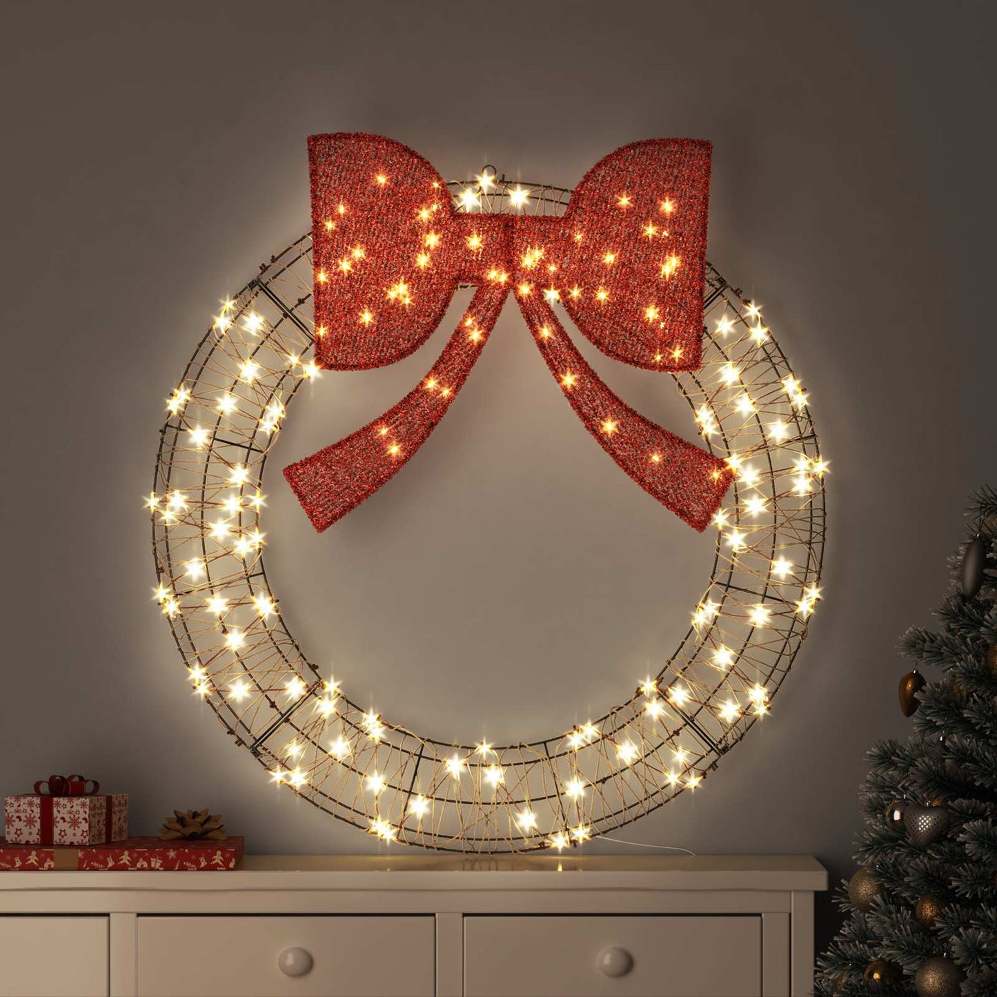 Krans met 150 LED Warmwit 121 x 121 x 10 cm Rattan is nu te koop bij PeponiXL, paradijselijk wonen!