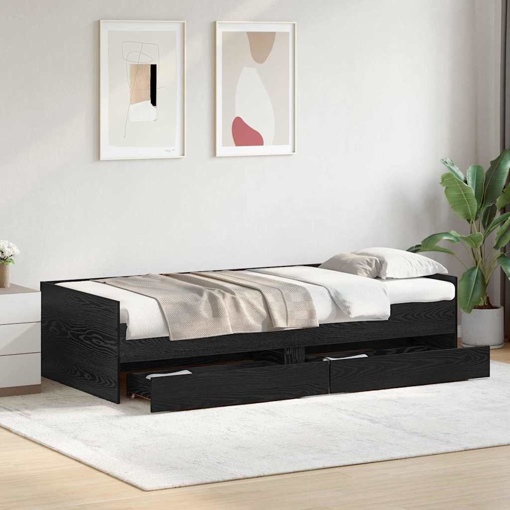 Bedframe met lade Zwart Eiken 100 x 200 cm Massief grenenhout is nu te koop bij PeponiXL, paradijselijk wonen!