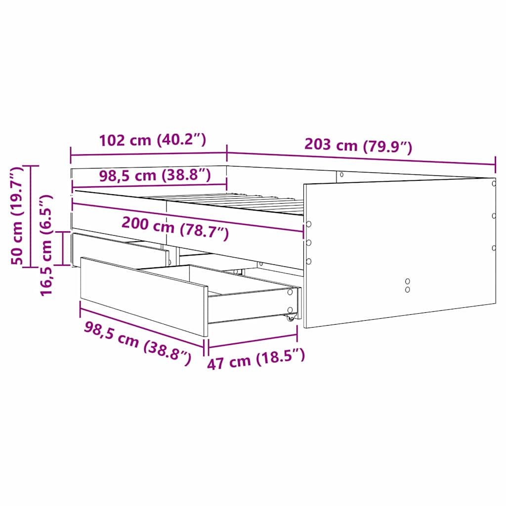 Bedframe met lade Zwart Eiken 100 x 200 cm Massief grenenhout is nu te koop bij PeponiXL, paradijselijk wonen!