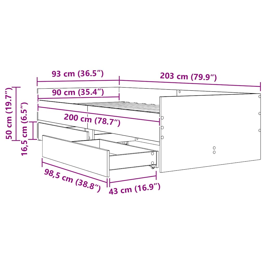 Bedframe met lade Oud Hout 90 x 200 cm Massief grenenhout is nu te koop bij PeponiXL, paradijselijk wonen!