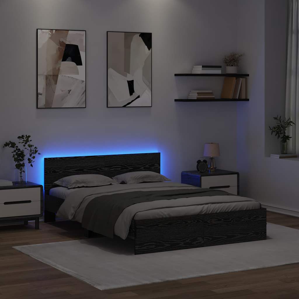 Bedframe met hoofdeinde Zwart Eiken 135 x 190 cm Bewerkt hout is nu te koop bij PeponiXL, paradijselijk wonen!